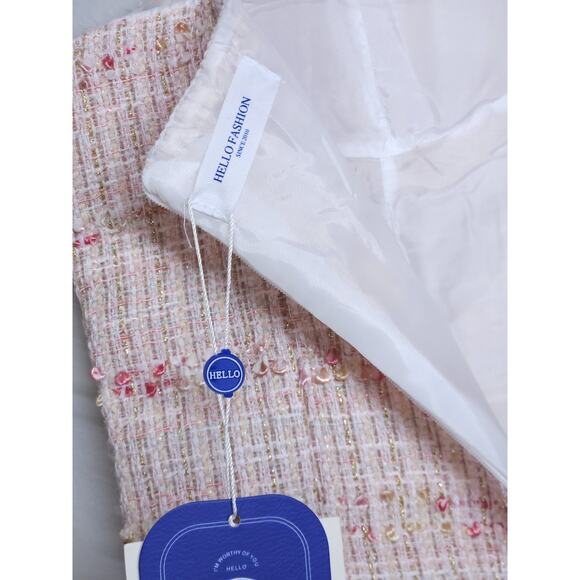 Hello Fashion Tweed mini dress bouclé fabric pink beige structured bustier style - Picture 13 of 14